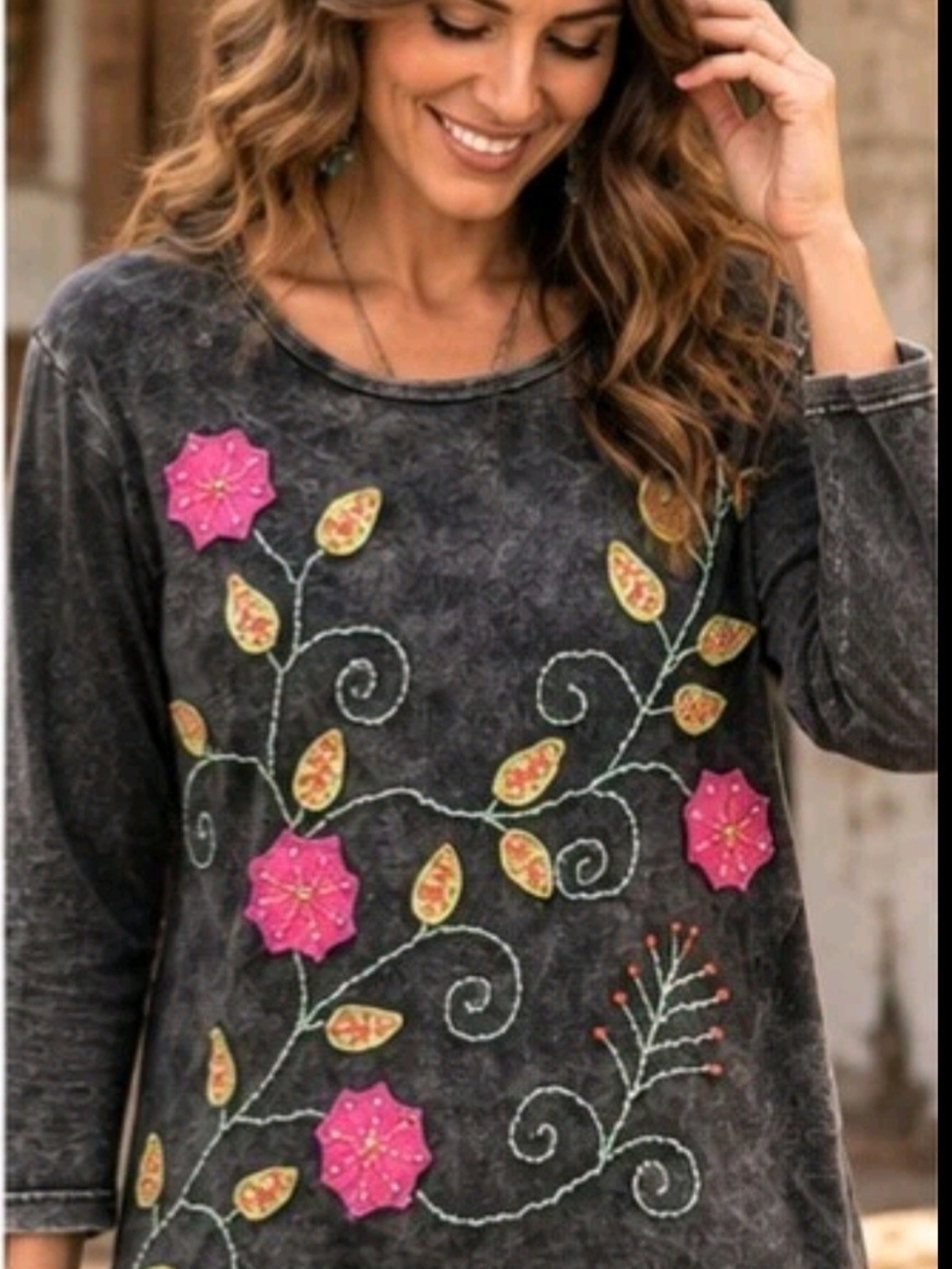 Agan Traders Nepal Embroidered Floral Applique Boho Top